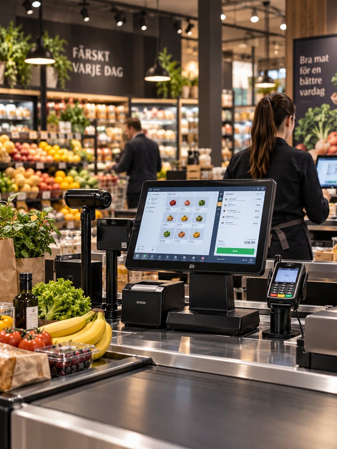 En livsmedelskassa med Restora360-kassaskärm, streckkodsläsare och kortterminal